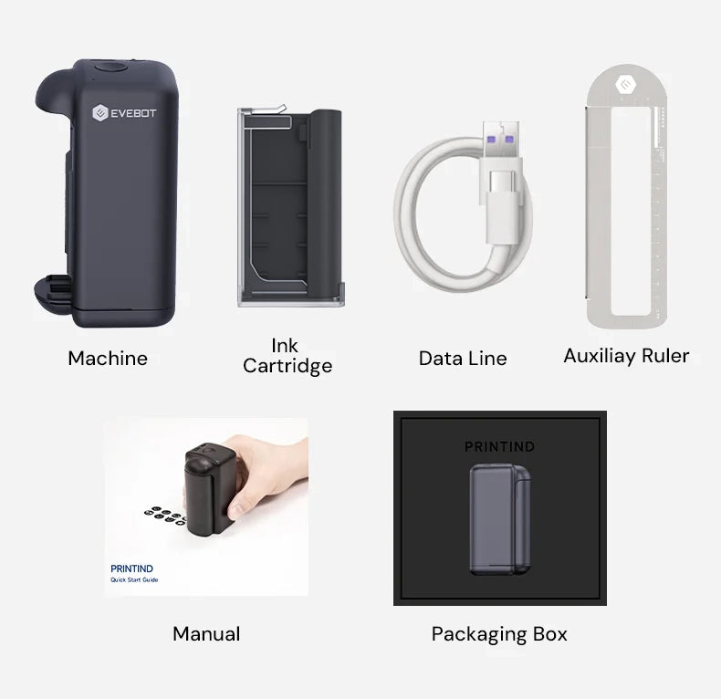 Evebot PrintInd - 手提手持噴墨印表機槍,配備速乾墨盒,可在任何表面列印