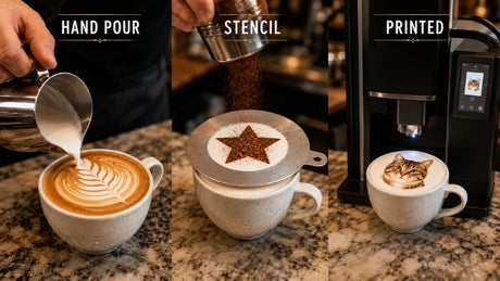 Latte art comparison: hand pour vs stencil vs coffee printer