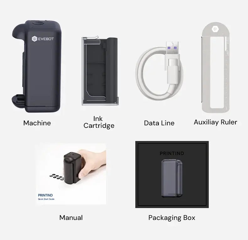 Evebot PrintInd — 可攜式手持式噴墨印表機噴碼機，搭配快乾墨水匣，適用於各種材質表面列印 Evebot
